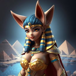 A striking 3D depiction of an Egyptian queen character featuring a single girl with big breasts and unique jackal ears, symbolizing her connection to ancient mythology