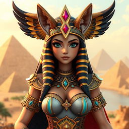 A striking 3D depiction of an Egyptian queen character featuring a single girl with big breasts and unique jackal ears, symbolizing her connection to ancient mythology