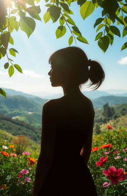 A scene titled 'Melody Tanpa Hening', depicting a beautiful girl seen from a distance, surrounded by a vibrant landscape filled with lush greenery and colorful flowers