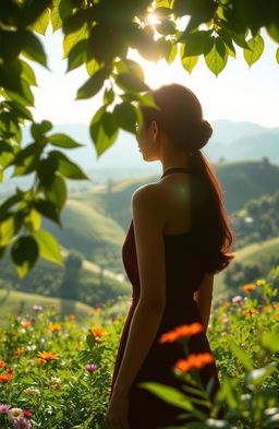 A scene titled 'Melody Tanpa Hening', depicting a beautiful girl seen from a distance, surrounded by a vibrant landscape filled with lush greenery and colorful flowers