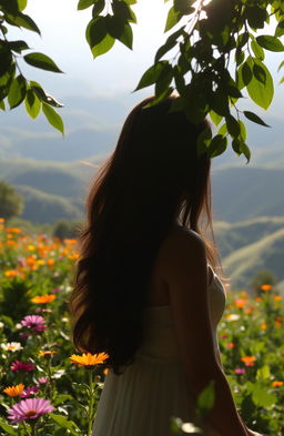 A scene titled 'Melody Tanpa Hening', depicting a beautiful girl seen from a distance, surrounded by a vibrant landscape filled with lush greenery and colorful flowers