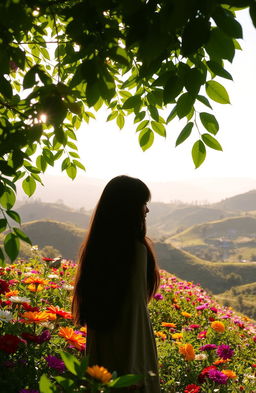 A scene titled 'Melody Tanpa Hening', depicting a beautiful girl seen from a distance, surrounded by a vibrant landscape filled with lush greenery and colorful flowers