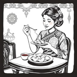 A vintage black and white illustration depicting a Javanese woman enjoying a plate of Pempek Palembang