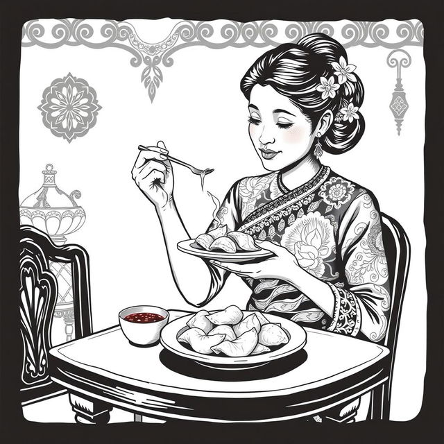 A vintage black and white illustration depicting a Javanese woman enjoying a plate of Pempek Palembang