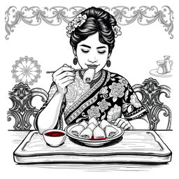 A vintage black and white illustration depicting a Javanese woman enjoying a plate of Pempek Palembang