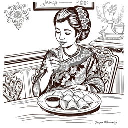 A vintage black and white illustration depicting a Javanese woman enjoying a plate of Pempek Palembang