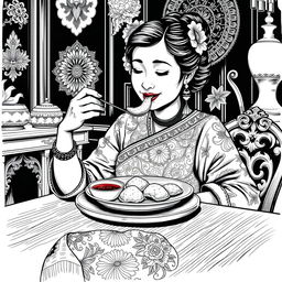 A vintage black and white illustration depicting a Javanese woman enjoying a plate of Pempek Palembang