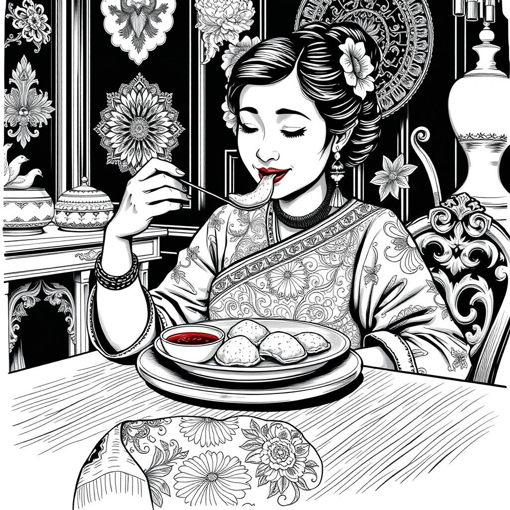 A vintage black and white illustration depicting a Javanese woman enjoying a plate of Pempek Palembang