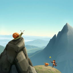 At the summit of a mountain, a small snail with a brown shell stands proudly, overlooking the breathtaking view