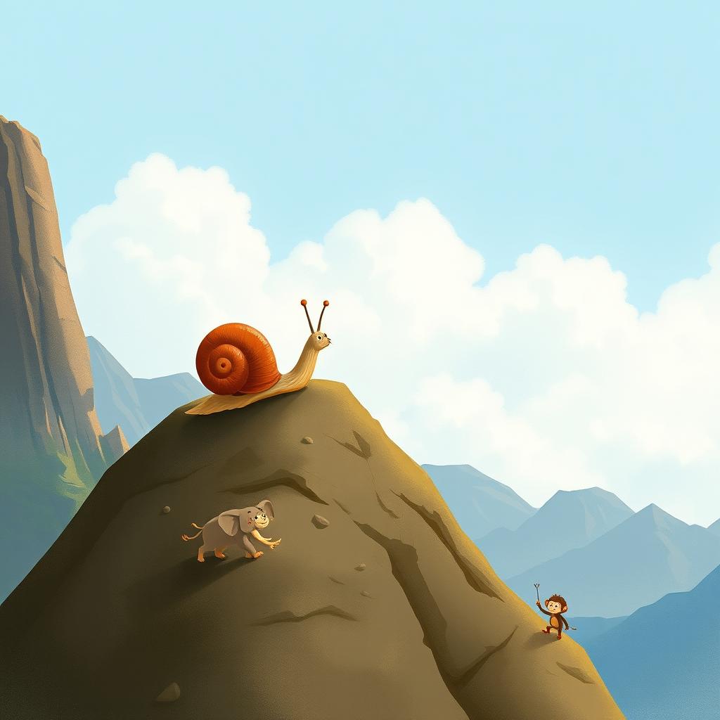 At the summit of a mountain, a small snail with a brown shell stands proudly, overlooking the breathtaking view