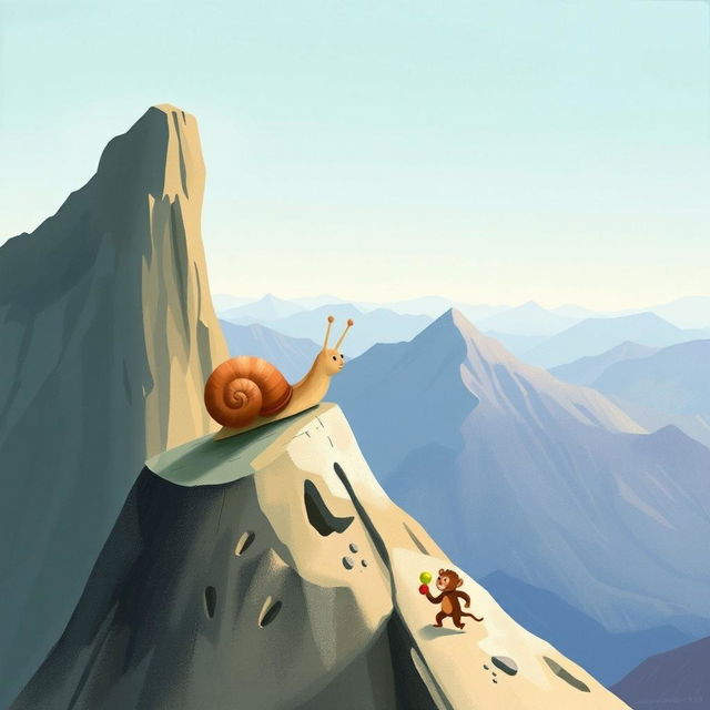 At the summit of a mountain, a small snail with a brown shell stands proudly, overlooking the breathtaking view
