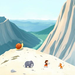 At the summit of a mountain, a small snail with a brown shell stands proudly, overlooking the breathtaking view