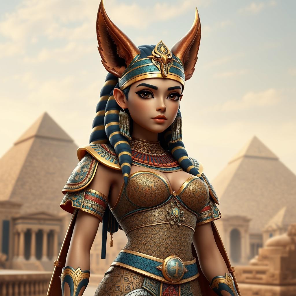 A detailed 3D modeling of an Egyptian queen character, featuring a single girl with big breasts and distinctive jackal ears that enhance her mythical allure