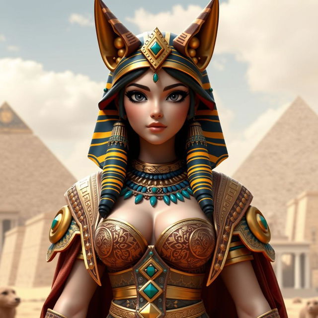 A detailed 3D modeling of an Egyptian queen character, featuring a single girl with big breasts and distinctive jackal ears that enhance her mythical allure