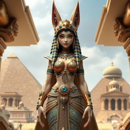 A detailed 3D modeling of an Egyptian queen character, featuring a single girl with big breasts and distinctive jackal ears that enhance her mythical allure