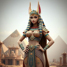 A detailed 3D modeling of an Egyptian queen character, featuring a single girl with big breasts and distinctive jackal ears that enhance her mythical allure