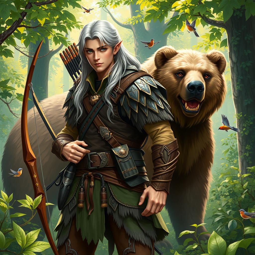 A high elf male ranger, dressed in intricate and rugged woodland armor, stands confidently in a vibrant forest