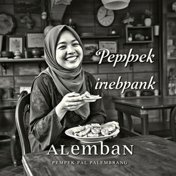 A vintage book cover design featuring an Indonesian Muslim woman joyfully eating pempek Palembang