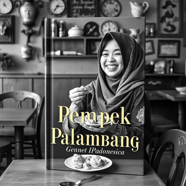 A vintage book cover design featuring an Indonesian Muslim woman joyfully eating pempek Palembang