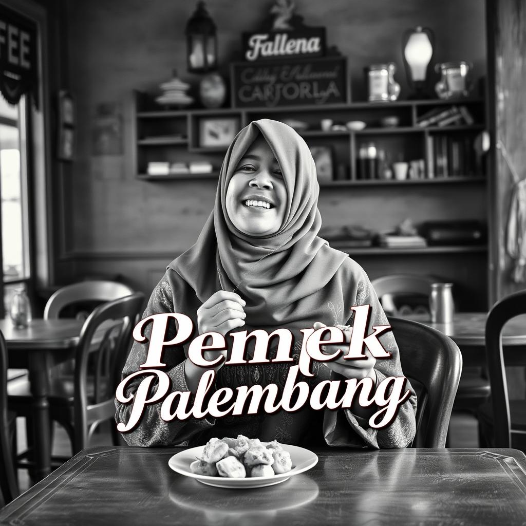 A vintage book cover design featuring an Indonesian Muslim woman joyfully eating pempek Palembang