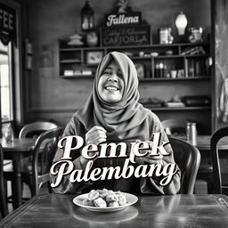 A vintage book cover design featuring an Indonesian Muslim woman joyfully eating pempek Palembang