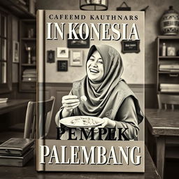 A vintage book cover design featuring an Indonesian Muslim woman joyfully eating pempek Palembang