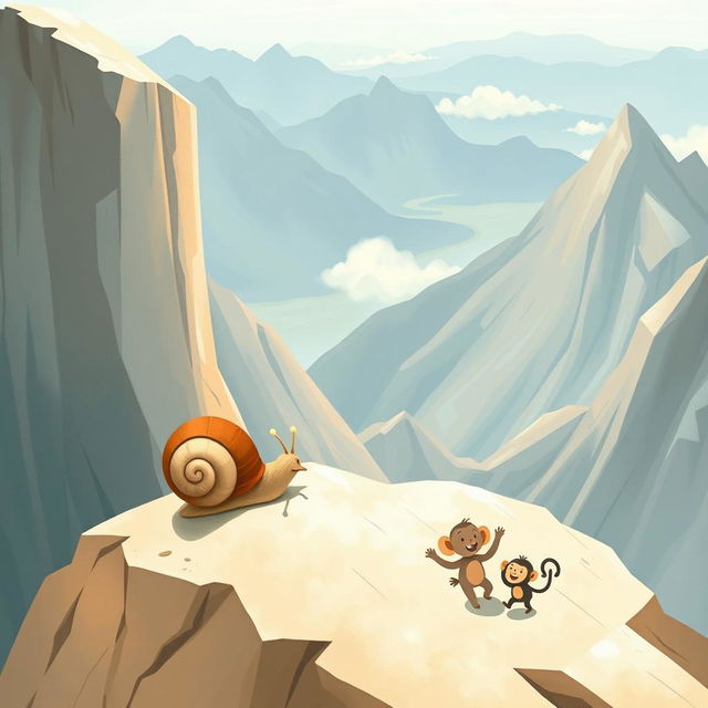 At the summit of a mountain, a small snail with a brown shell stands confidently, gazing out over a stunning landscape