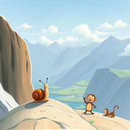 At the summit of a mountain, a small snail with a brown shell stands confidently, gazing out over a stunning landscape