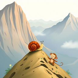 At the summit of a mountain, a small snail with a brown shell stands confidently, gazing out over a stunning landscape
