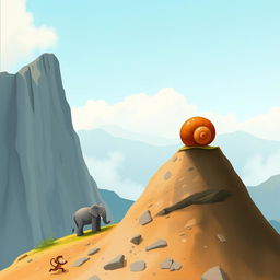 At the summit of a mountain, a small snail with a brown shell stands confidently, gazing out over a stunning landscape