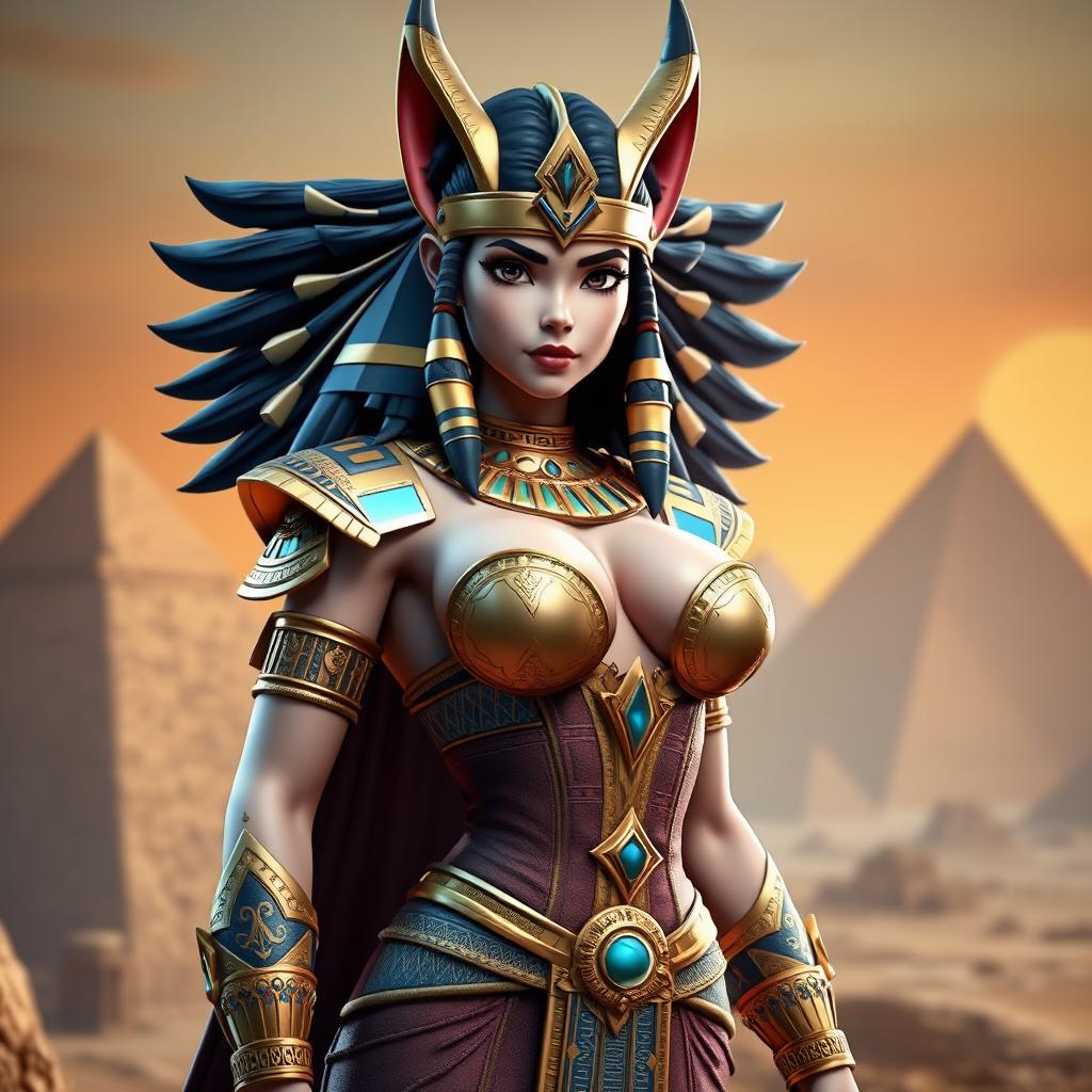 A captivating 3D game character model of an Egyptian queen, featuring a single girl with big breasts and distinctive jackal ears, enhancing her mythical and regal appearance