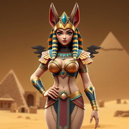A captivating 3D game character model of an Egyptian queen, featuring a single girl with big breasts and distinctive jackal ears, enhancing her mythical and regal appearance