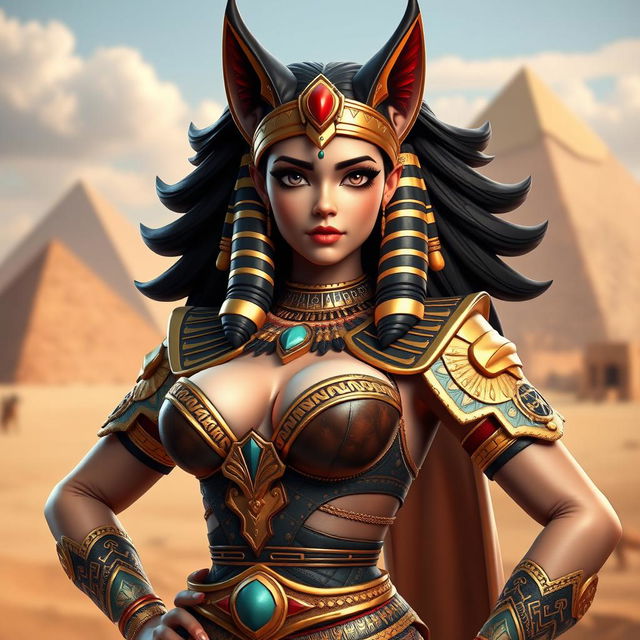 A captivating 3D game character model of an Egyptian queen, featuring a single girl with big breasts and distinctive jackal ears, enhancing her mythical and regal appearance