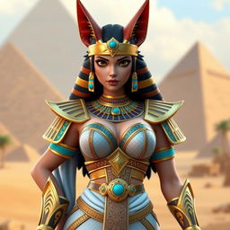 A captivating 3D game character model of an Egyptian queen, featuring a single girl with big breasts and distinctive jackal ears, enhancing her mythical and regal appearance