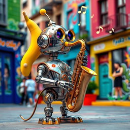A whimsical robot playing a saxophone, featuring a bright yellow banana as its beak