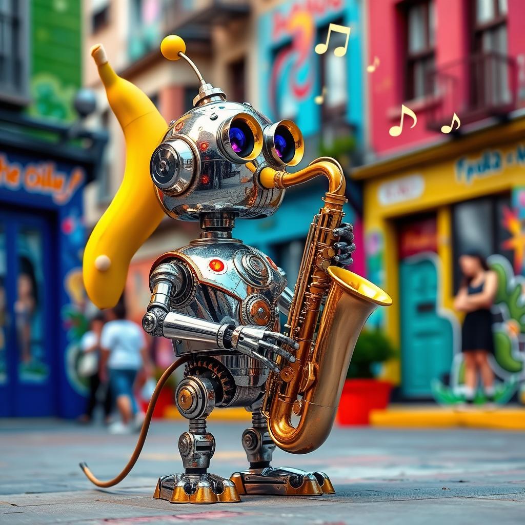 A whimsical robot playing a saxophone, featuring a bright yellow banana as its beak