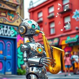 A whimsical robot playing a saxophone, featuring a bright yellow banana as its beak