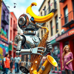 A whimsical robot playing a saxophone, featuring a bright yellow banana as its beak