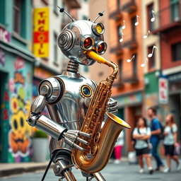 A whimsical robot playing a saxophone, featuring a bright yellow banana as its beak