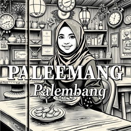 A vintage book cover design featuring a Sundanese Muslim woman enjoying pempek Palembang