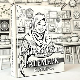 A vintage book cover design featuring a Sundanese Muslim woman enjoying pempek Palembang