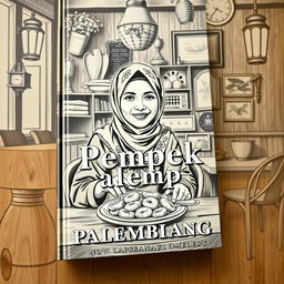 A vintage book cover design featuring a Sundanese Muslim woman enjoying pempek Palembang