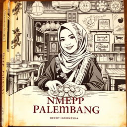 A vintage book cover design featuring a Sundanese Muslim woman enjoying pempek Palembang