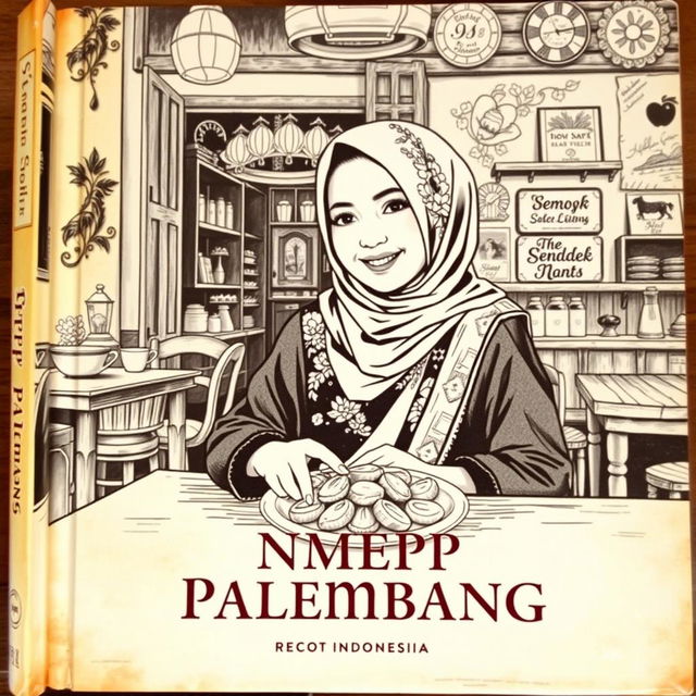 A vintage book cover design featuring a Sundanese Muslim woman enjoying pempek Palembang