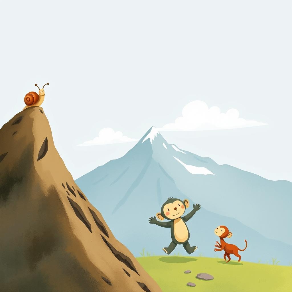 At the peak of a mountain, a small snail with a brown shell stands proudly, surveying the landscape