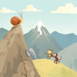 At the peak of a mountain, a small snail with a brown shell stands proudly, surveying the landscape