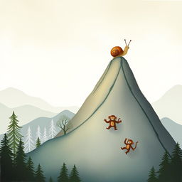 At the peak of a mountain, a small snail with a brown shell stands proudly, surveying the landscape