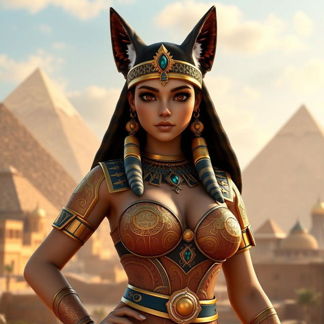 An impressive 3D game character model of an Egyptian queen, showcasing a single girl with large breasts and distinctive jackal ears that add a mythical quality to her appearance