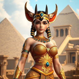 An impressive 3D game character model of an Egyptian queen, showcasing a single girl with large breasts and distinctive jackal ears that add a mythical quality to her appearance