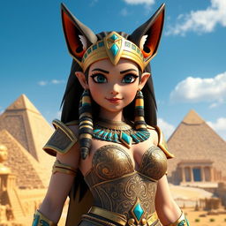 An impressive 3D game character model of an Egyptian queen, showcasing a single girl with large breasts and distinctive jackal ears that add a mythical quality to her appearance